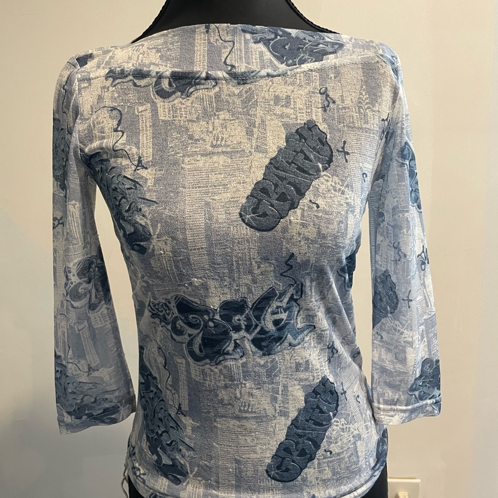 Blue Print-Patterned 3/4 Sleeve Women's Top